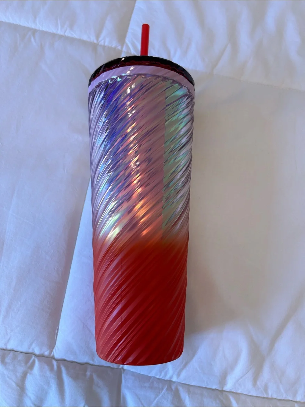 Starbucks Iridescent Purple-to-Red Swirl Tumbler with Red Straw